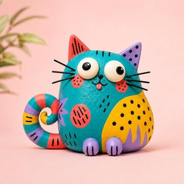 Colorful Teal Chubby Cat Figurine, Folk Art Clay, on a plain background