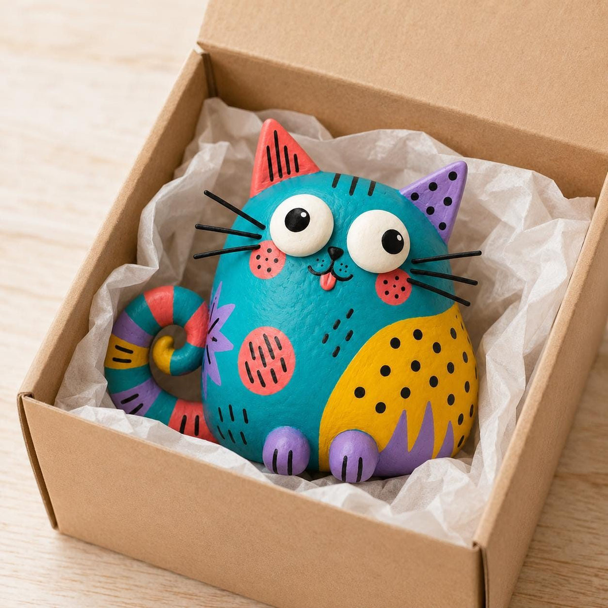 Colorful Teal Chubby Cat Figurine, Folk Art Clay, in its gift box