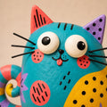 Colorful Teal Chubby Cat Figurine, Folk Art Clay, close-up detail