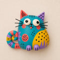 Colorful Teal Chubby Cat Figurine, Folk Art Clay, on a plain background (view 2)