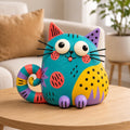 Colorful Teal Chubby Cat Figurine, Folk Art Clay, styled in a home setting
