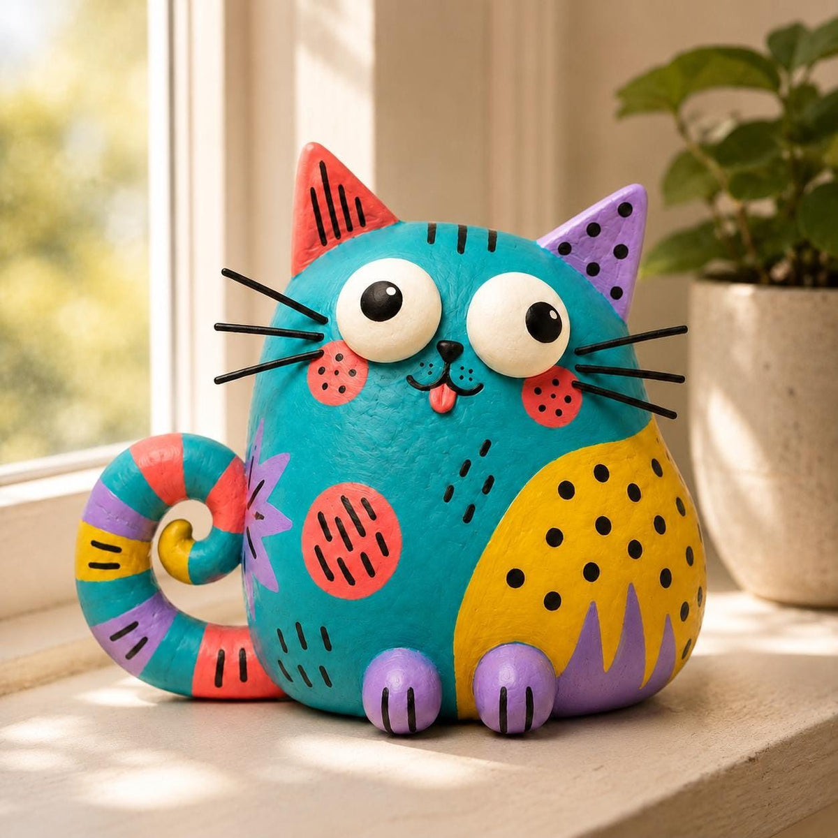 Colorful Teal Chubby Cat Figurine, Folk Art Clay, styled in a home setting (view 2)