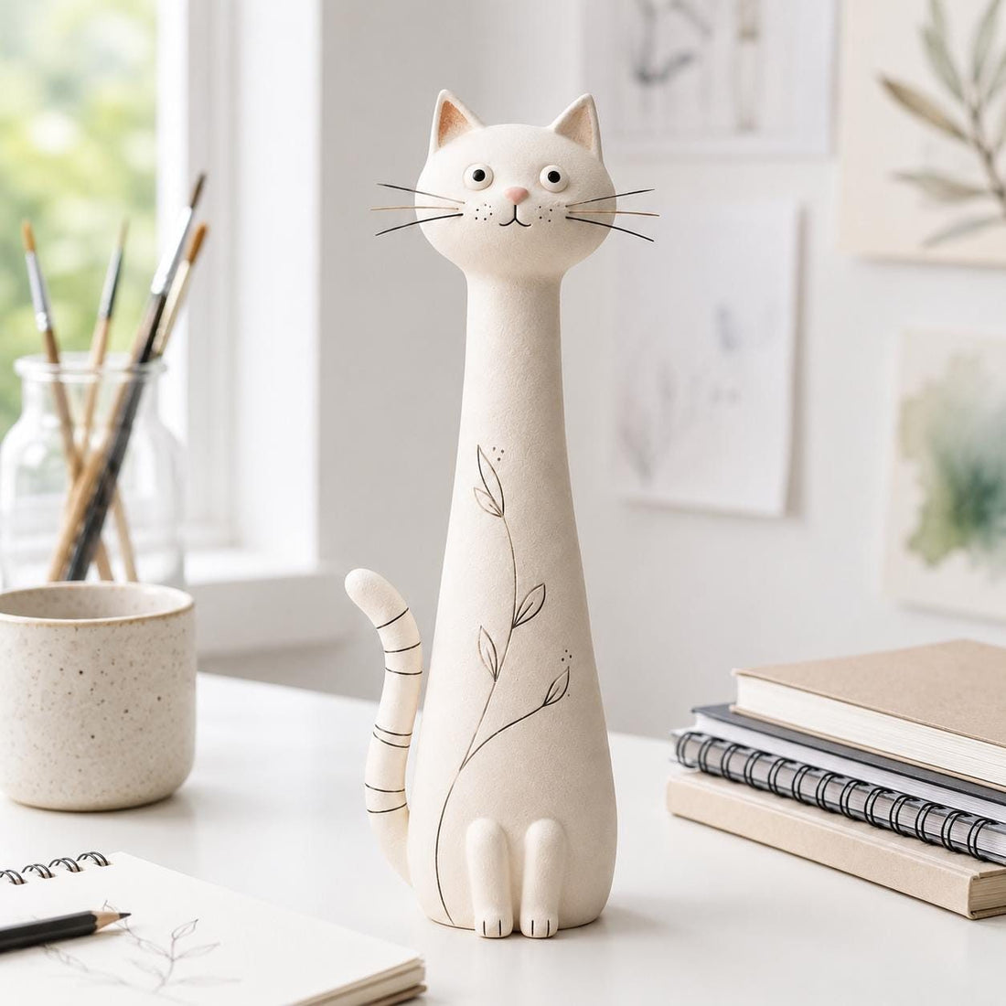 Cream Botanical Long-Neck Cat Figurine, Ink Details, styled in a home setting