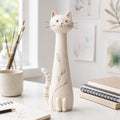 Cream Botanical Long-Neck Cat Figurine, Ink Details, styled in a home setting