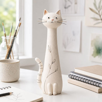 Cream Botanical Long-Neck Cat Figurine, Ink Details, styled in a home setting