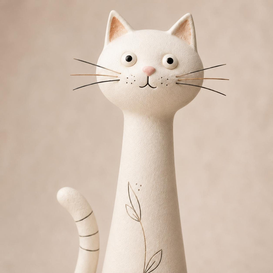 Cream Botanical Long-Neck Cat Figurine, Ink Details, styled in a home setting