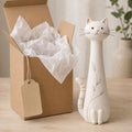 Cream Botanical Long-Neck Cat Figurine, Ink Details, in its gift box
