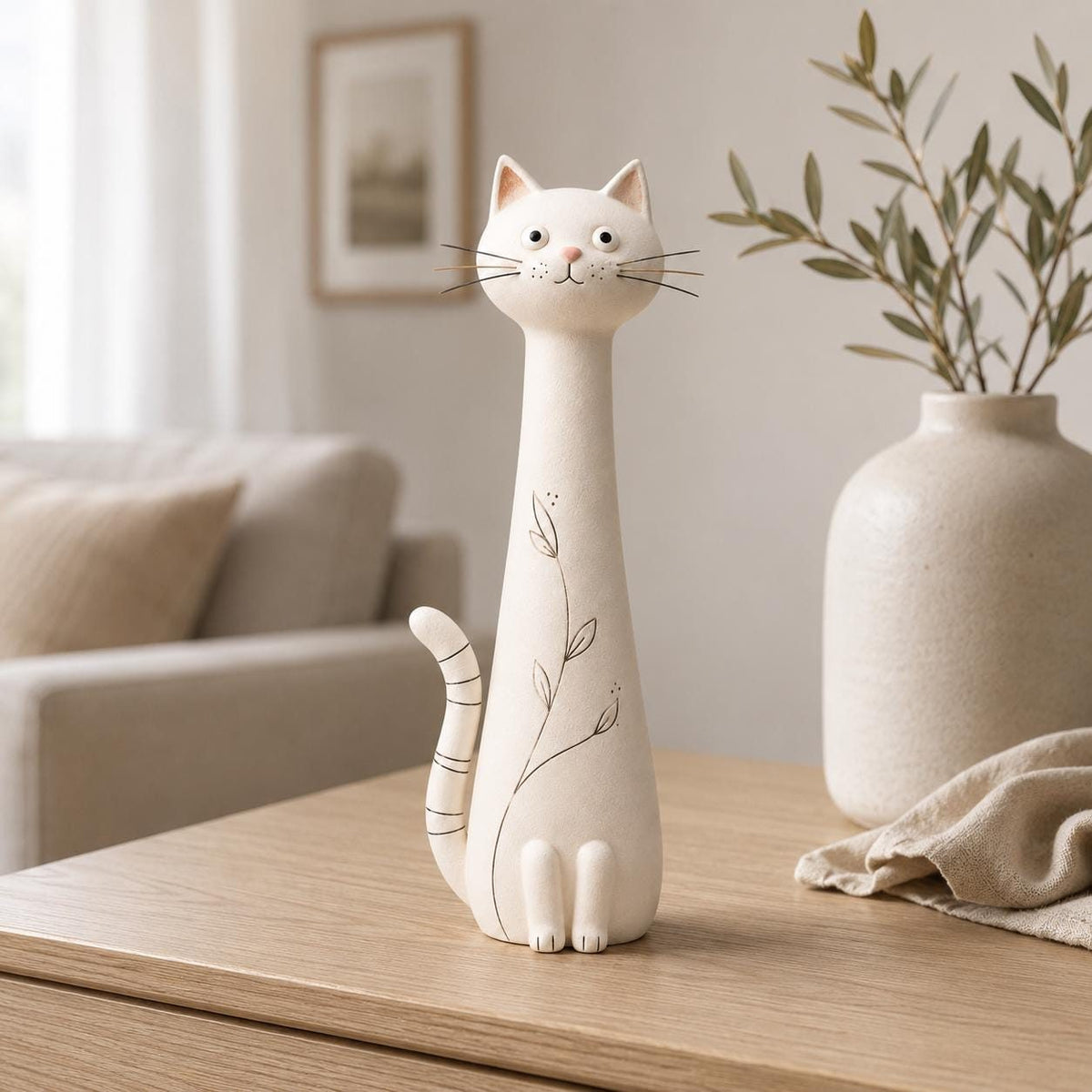 Cream Botanical Long-Neck Cat Figurine, Ink Details, styled in a home setting (view 2)