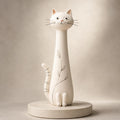 Cream Botanical Long-Neck Cat Figurine, Ink Details, on a plain background