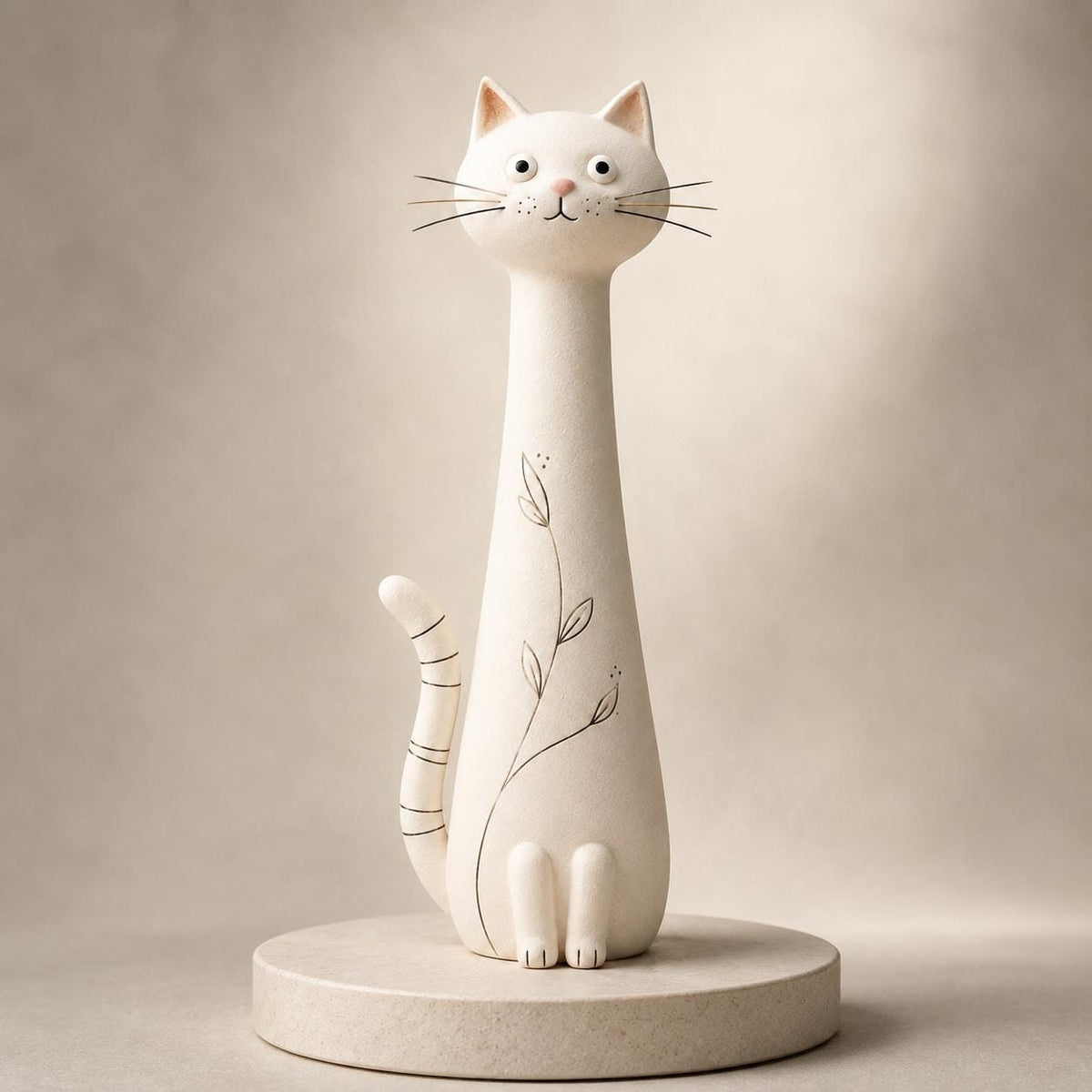 Cream Botanical Long-Neck Cat Figurine, Ink Details, on a plain background