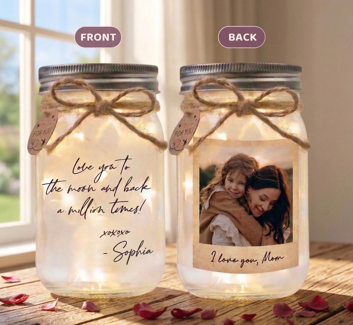 Custom Handwriting and Photo Jar Light, front and back designs
