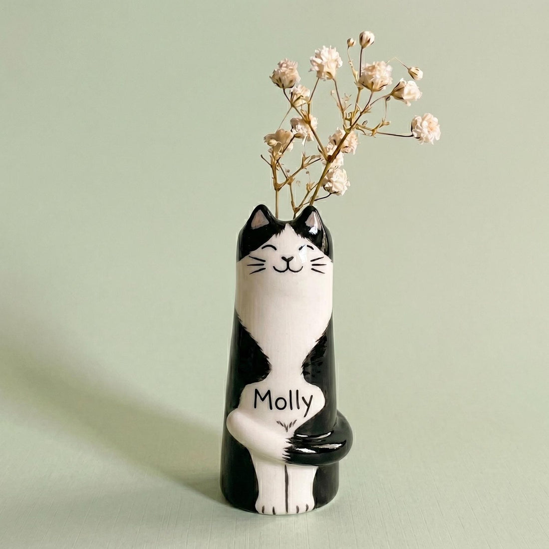Custom Pet Portrait Bud Vase, Hand-Painted Clay, styled in a home setting