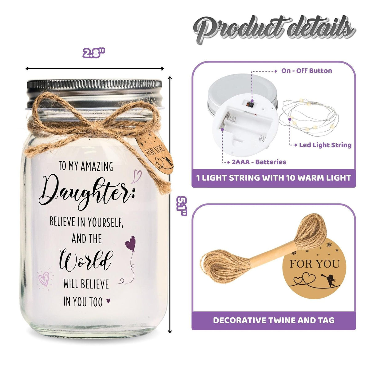 Daughter Birthday Jar Light, Personalized, Choose the Age, size and parts