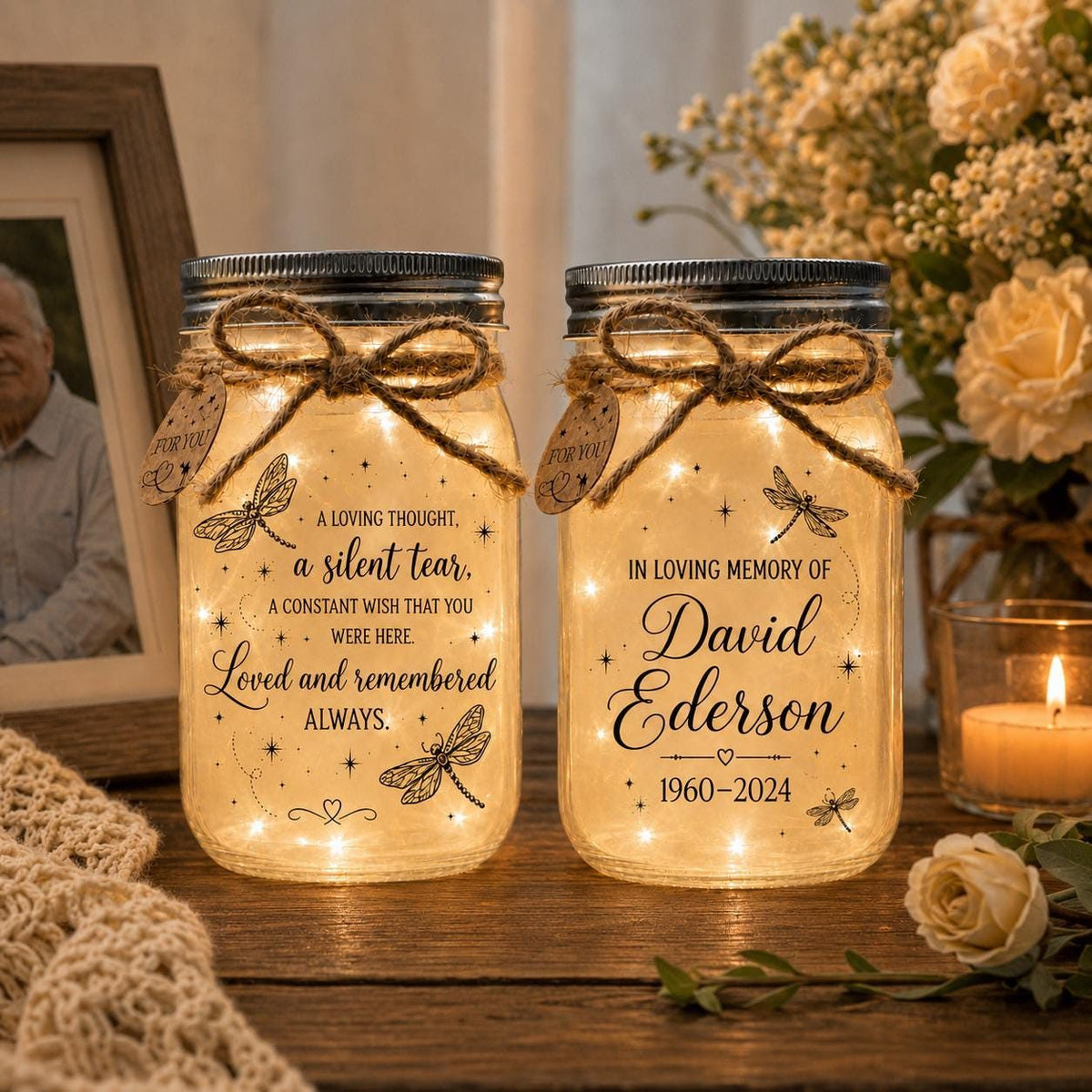 Dragonfly Memorial Jar Light, In Loving Memory, styled in a home setting (view 2)