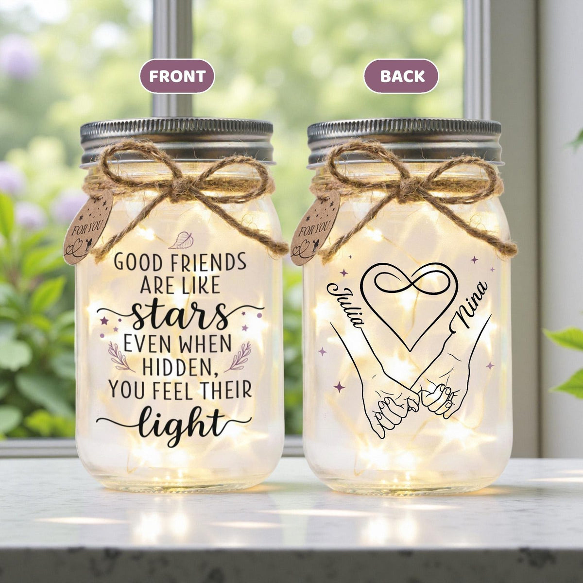 Friends Infinity Hands Jar Light with Two Names, front and back designs