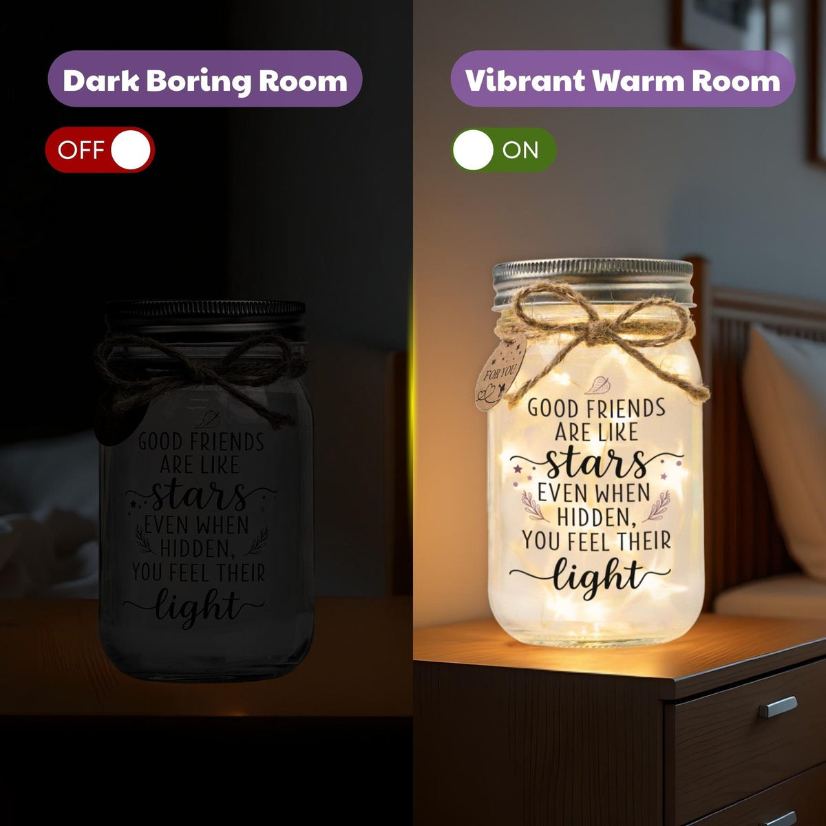 Friends Infinity Hands Jar Light with Two Names, lit and unlit comparison