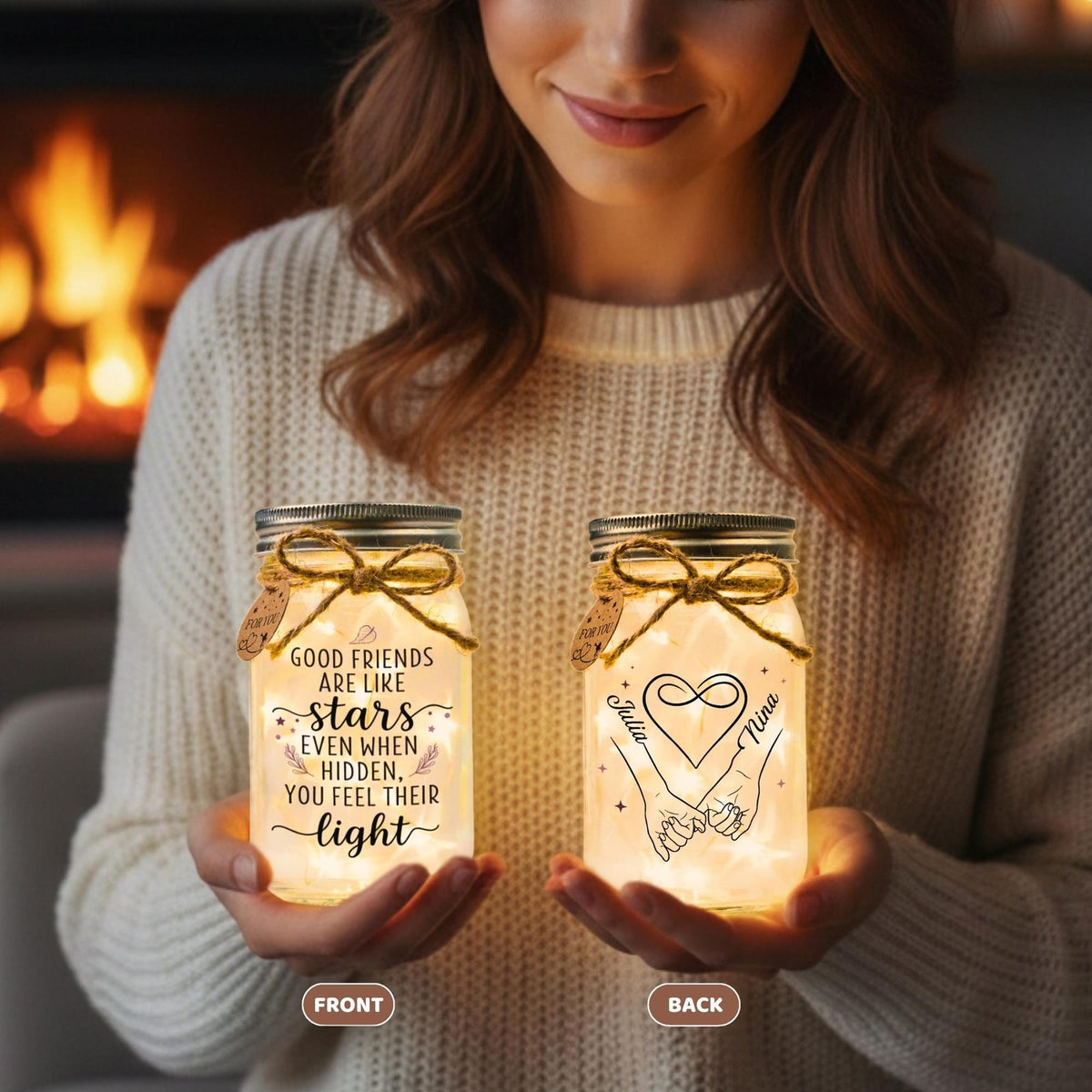 Friends Infinity Hands Jar Light with Two Names, held in a hand