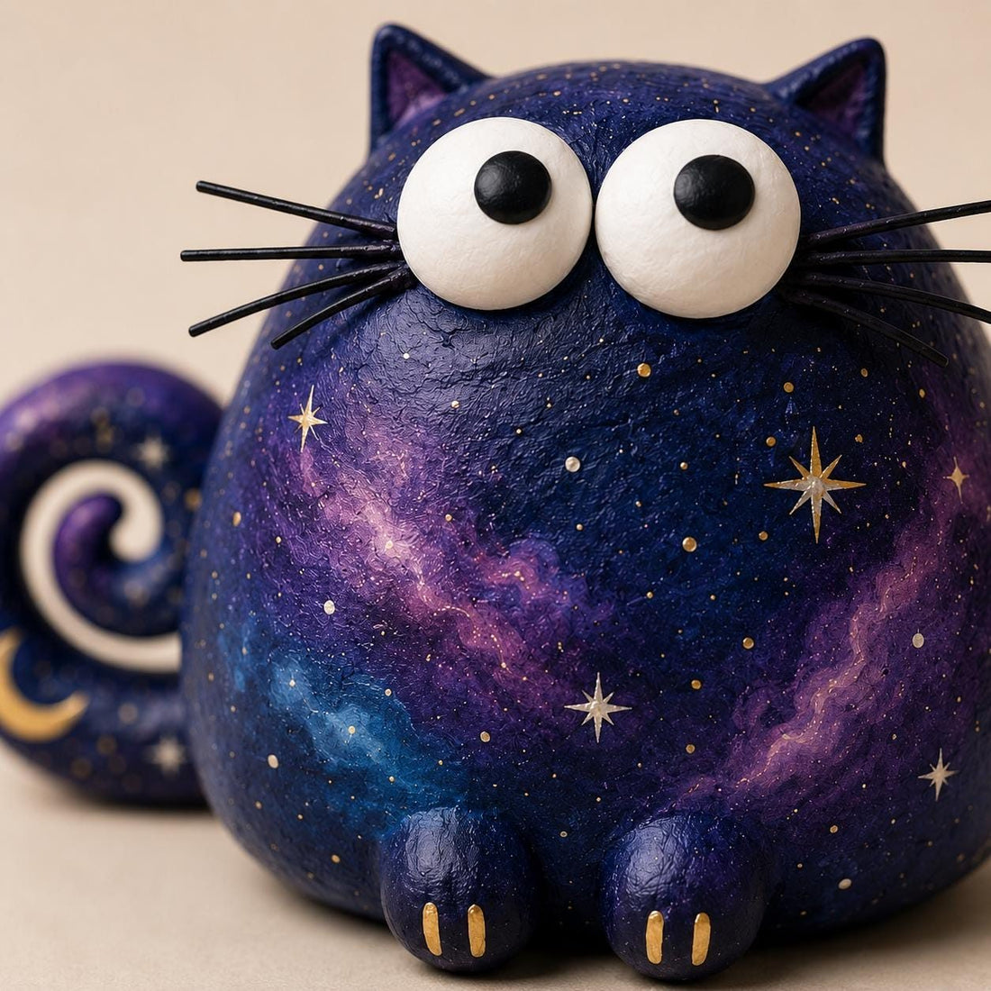 Galaxy Chunky Cat Figurine, Hand-Painted Nebula, on a plain background