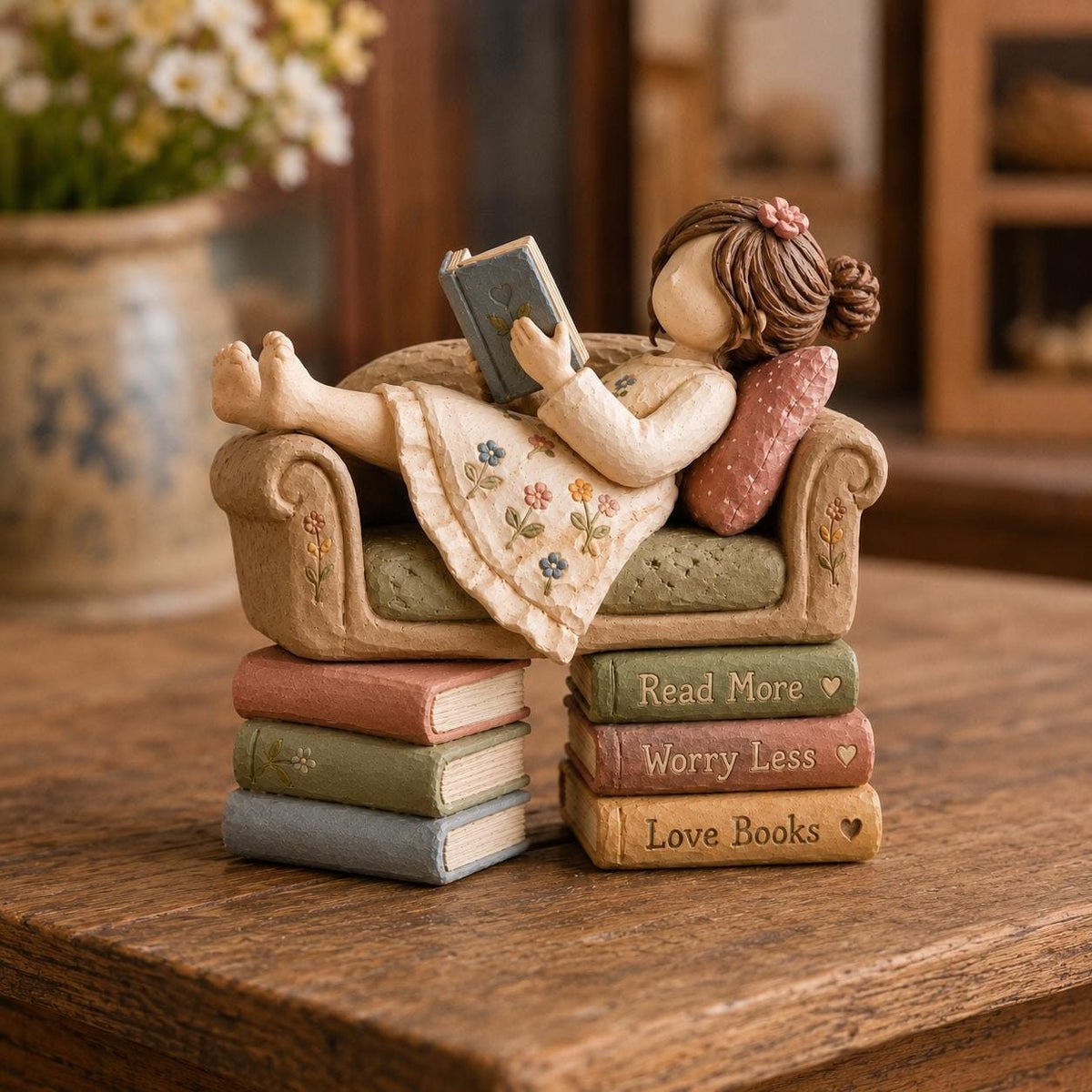 Girl Reading on a Tiny Sofa Clay Figurine, styled in a home setting