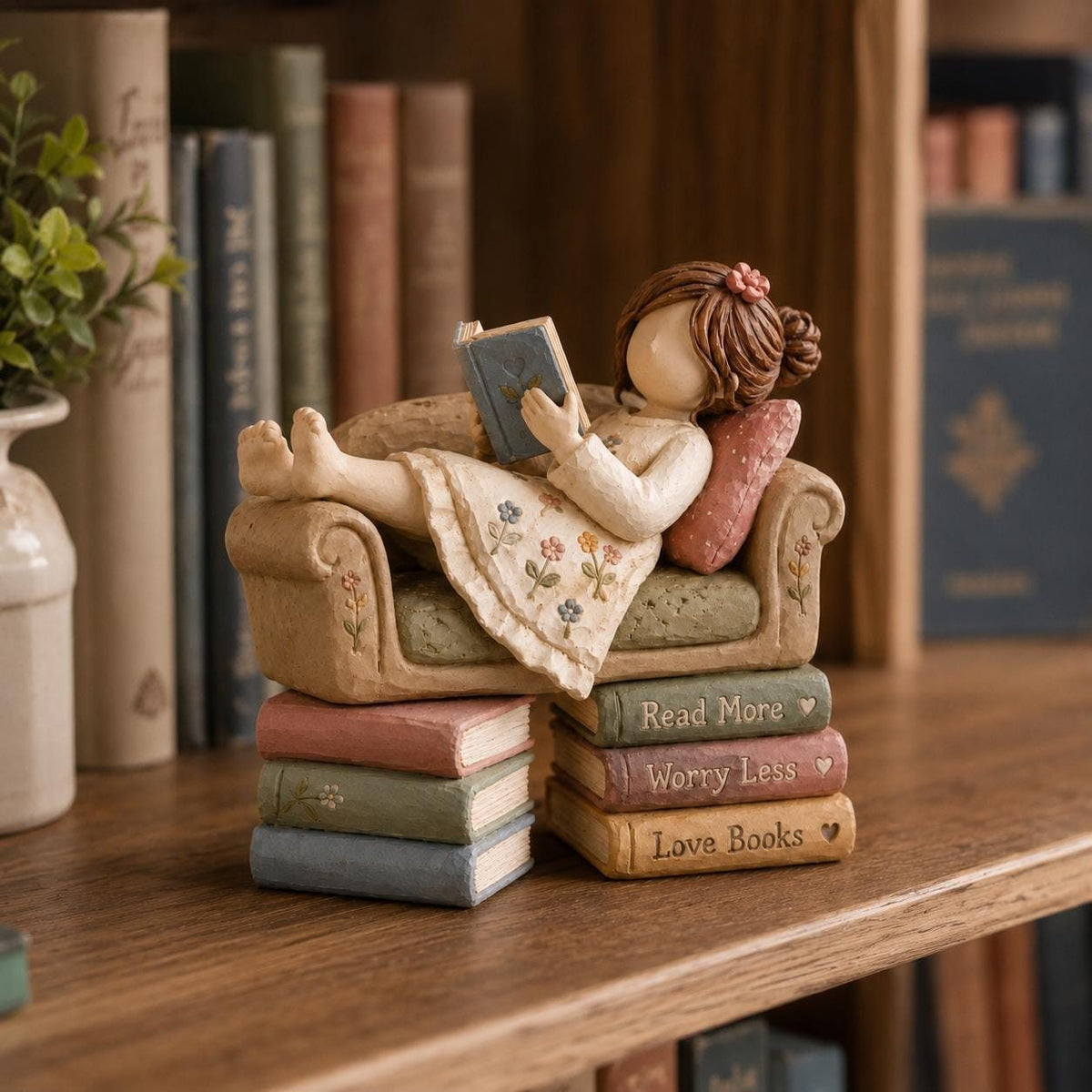 Girl Reading on a Tiny Sofa Clay Figurine, styled in a home setting (view 3)