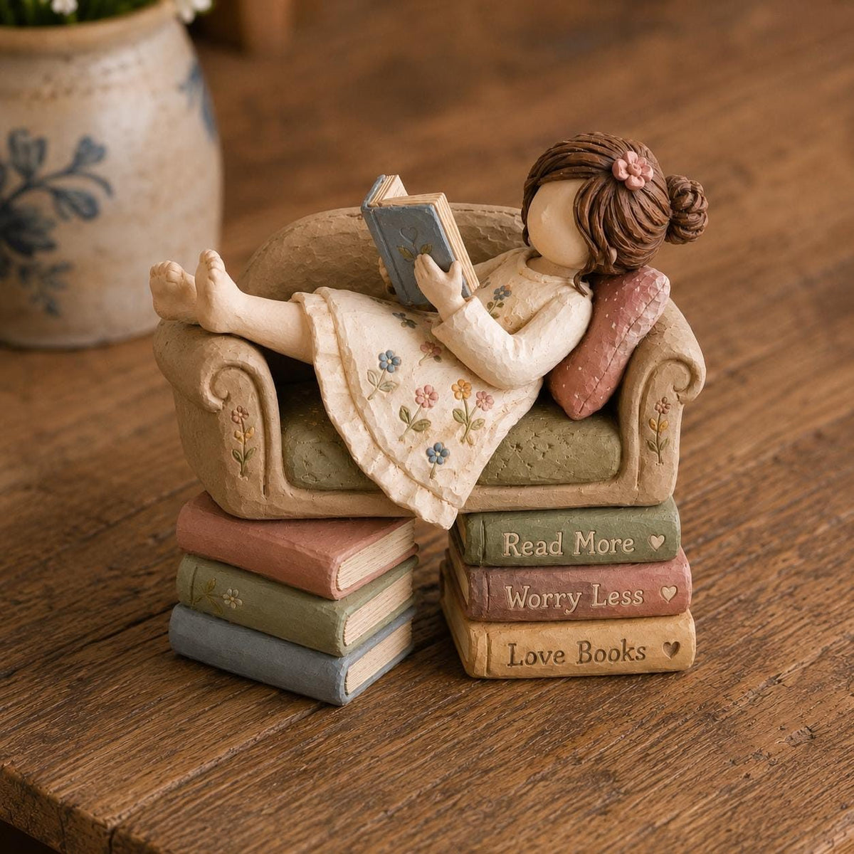 Girl Reading on a Tiny Sofa Clay Figurine, styled in a home setting (view 4)