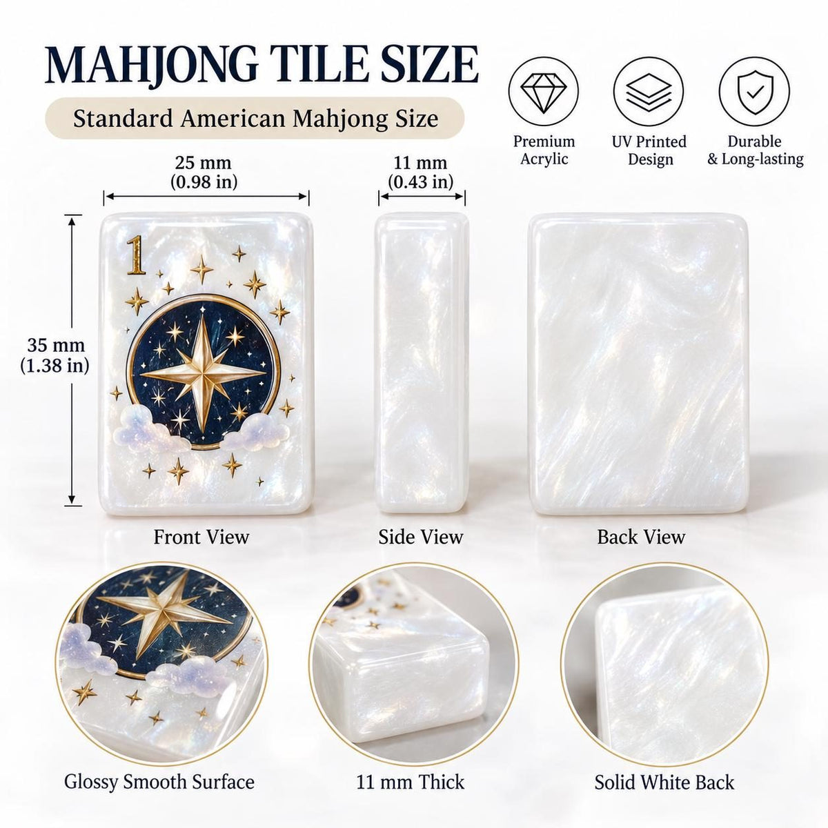 Gothic Celestial American Mahjong Set, 152 Pearl Tiles, tile size guide