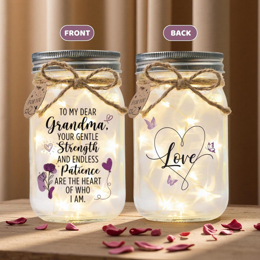 Grandma Mason Jar Night Light, Heartfelt Quote, front and back designs