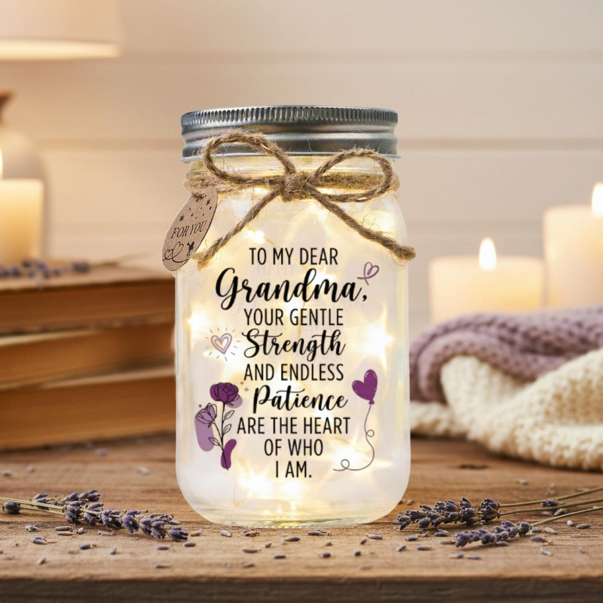 Grandma Mason Jar Night Light, Heartfelt Quote, styled in a home setting