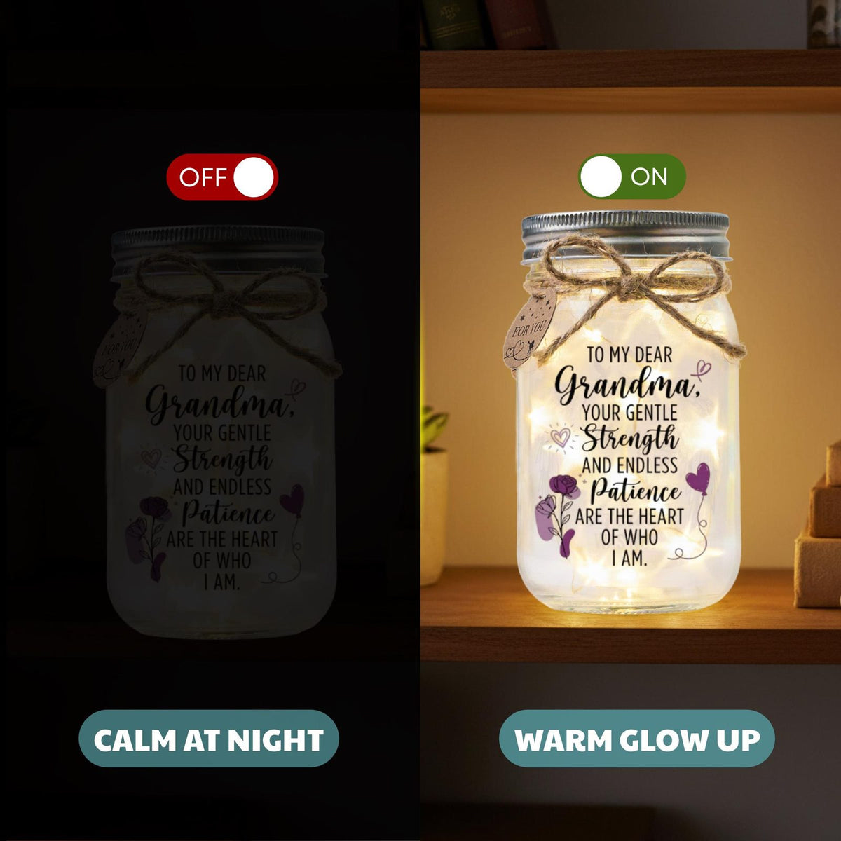 Grandma Mason Jar Night Light, Heartfelt Quote, lit and unlit comparison