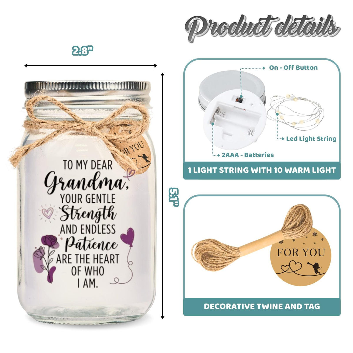 Grandma Mason Jar Night Light, Heartfelt Quote, size and parts