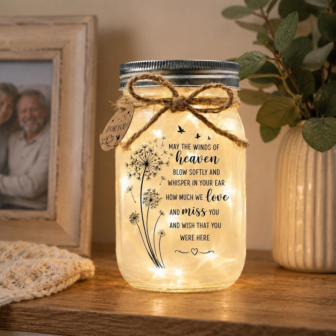 In Loving Memory Jar Light, Winds of Heaven Quote, styled in a home setting