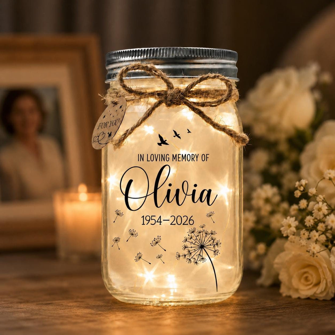 In Loving Memory Jar Light, Winds of Heaven Quote, styled in a home setting