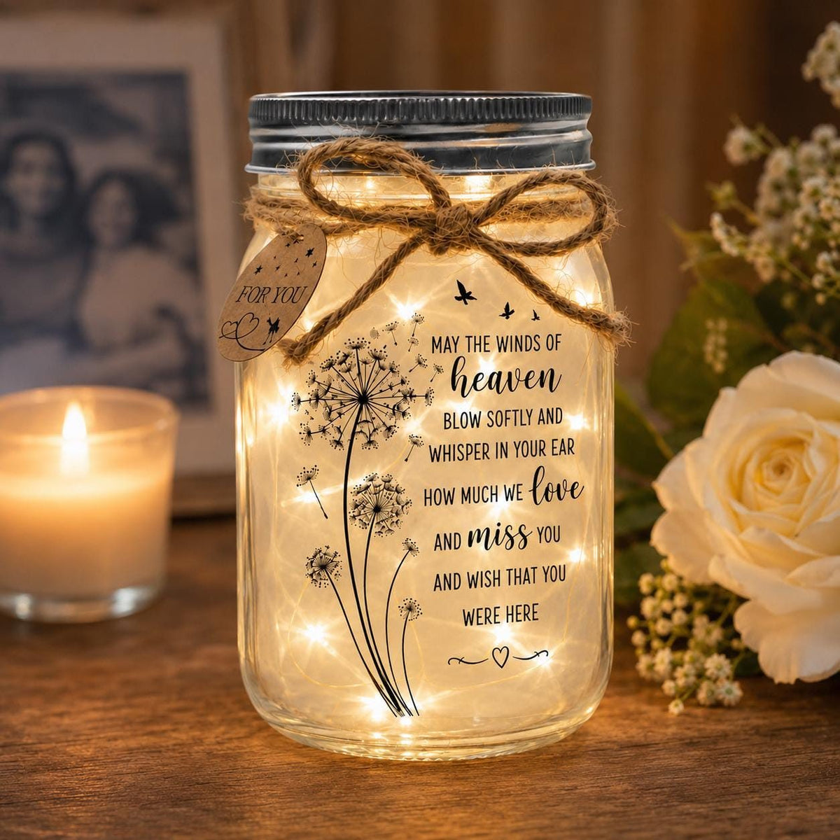 In Loving Memory Jar Light, Winds of Heaven Quote, styled in a home setting (view 2)
