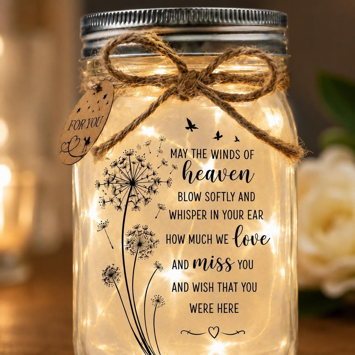 In Loving Memory Jar Light, Winds of Heaven Quote, close-up detail