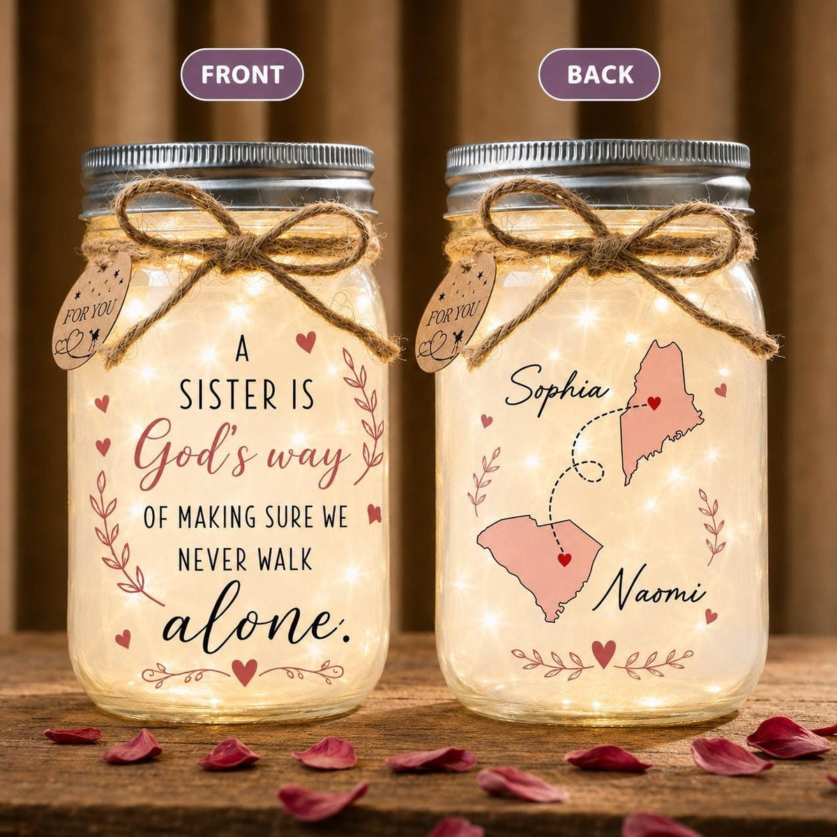 Long-Distance Sister State Map Jar Light, Personalized, front and back designs