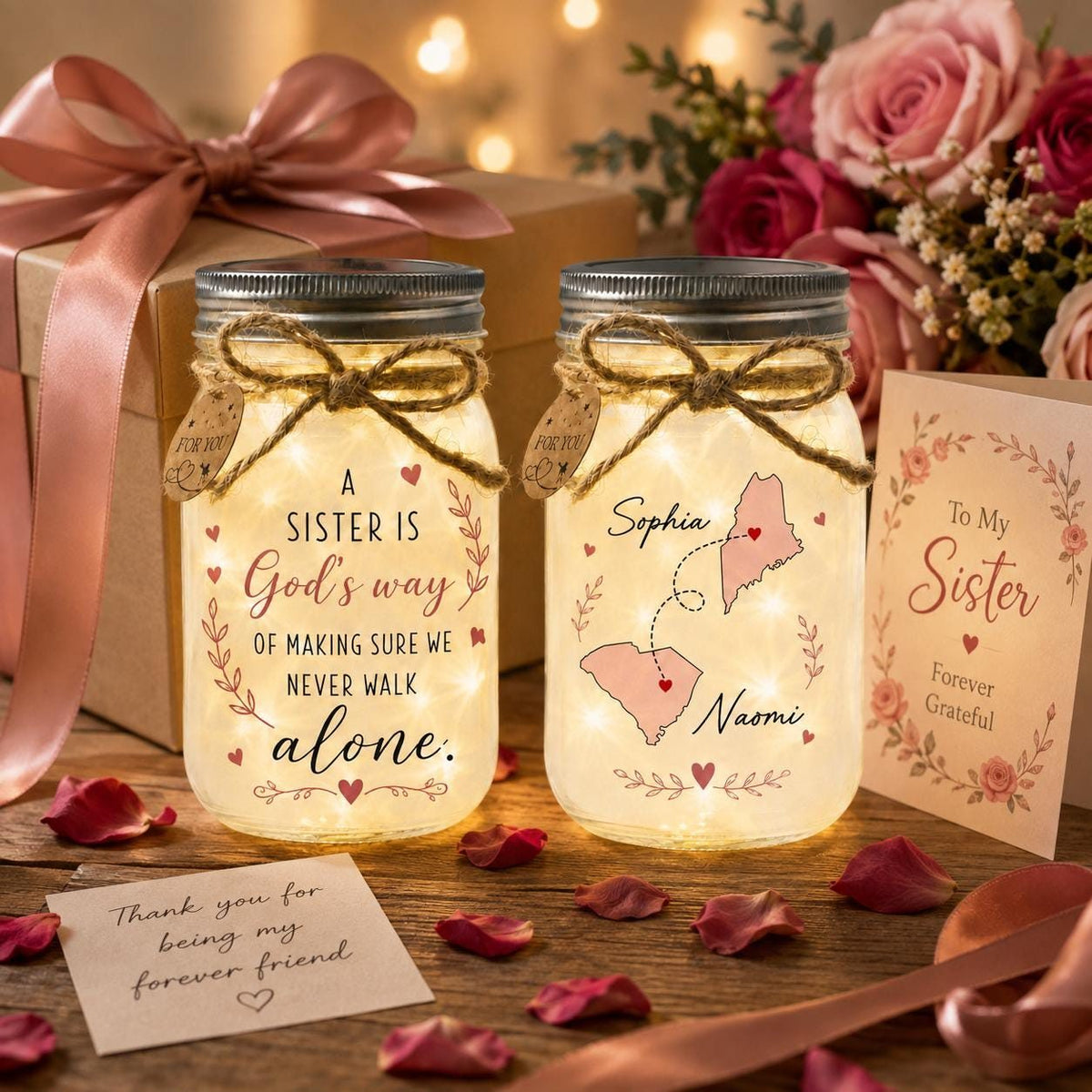 Long-Distance Sister State Map Jar Light, Personalized, styled in a home setting (view 3)