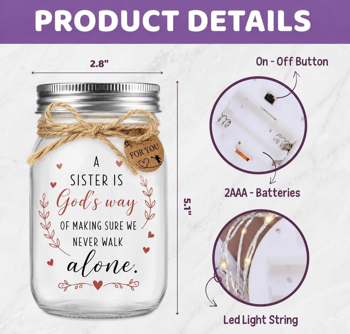 Long-Distance Sister State Map Jar Light, Personalized, size and parts