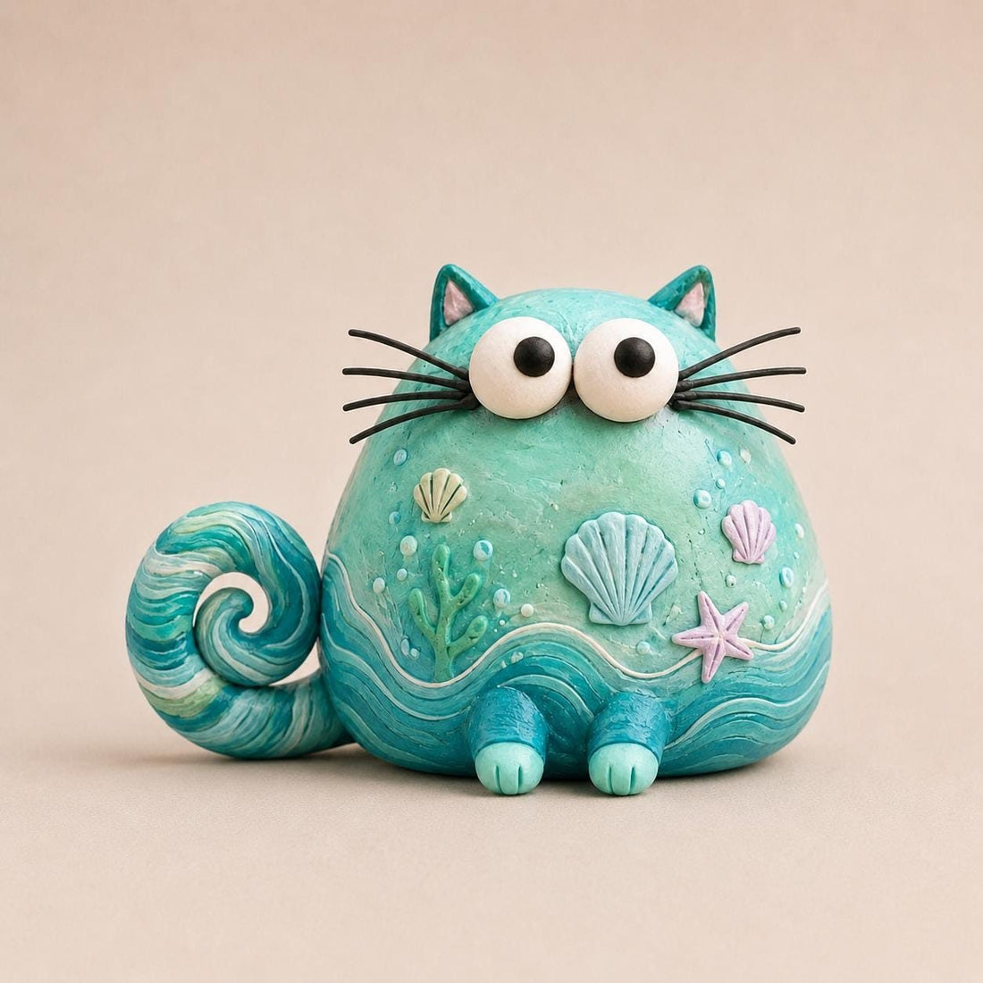 Ocean Cat Figurine with Seashells and Waves, on a plain background