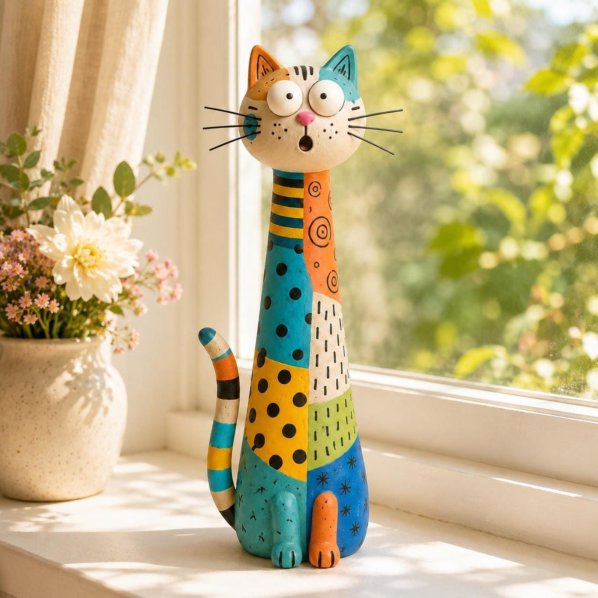 Patchwork Long-Neck Cat Figurine, Hand-Painted Clay, styled in a home setting