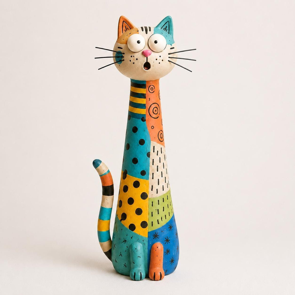 Patchwork Long-Neck Cat Figurine, Hand-Painted Clay, on a plain background