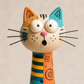 Patchwork Long-Neck Cat Figurine, Hand-Painted Clay, close-up detail