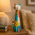 Patchwork Long-Neck Cat Figurine, Hand-Painted Clay, styled in a home setting (view 2)