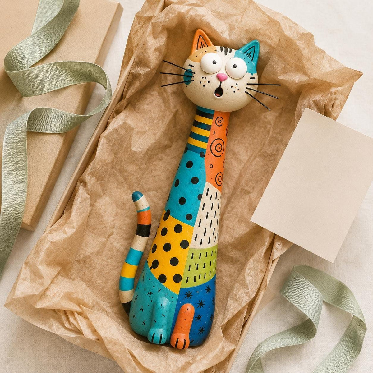 Patchwork Long-Neck Cat Figurine, Hand-Painted Clay, in its gift box (view 2)