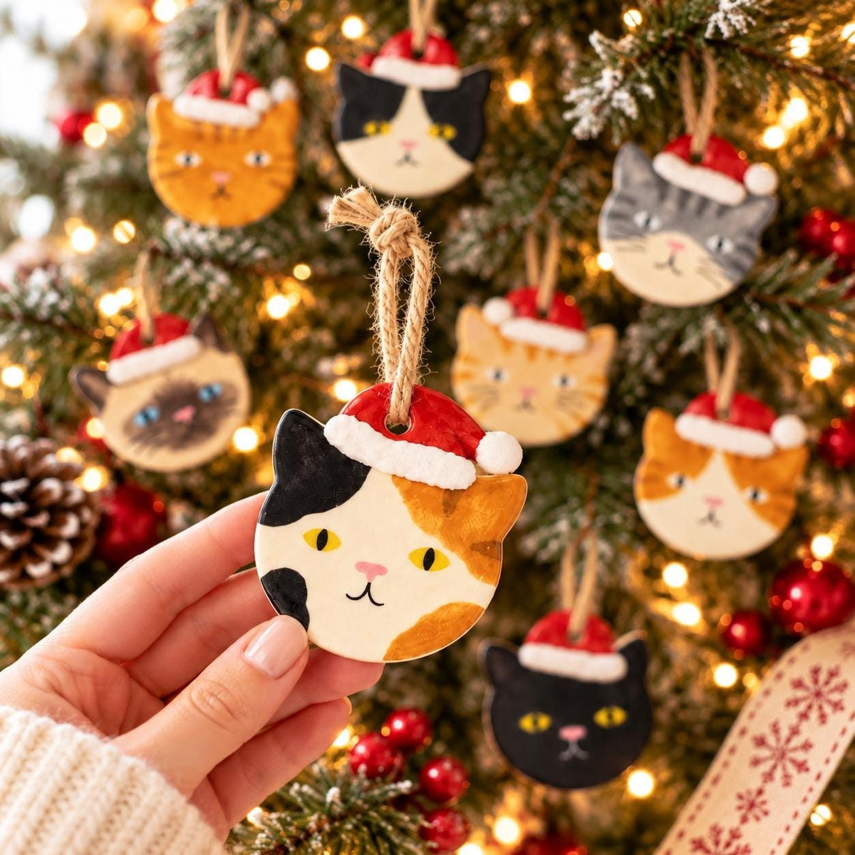 Personalized Cat Ornament, Hand-Painted to Match Your Cat, held in a hand among other cat ornaments on a tree