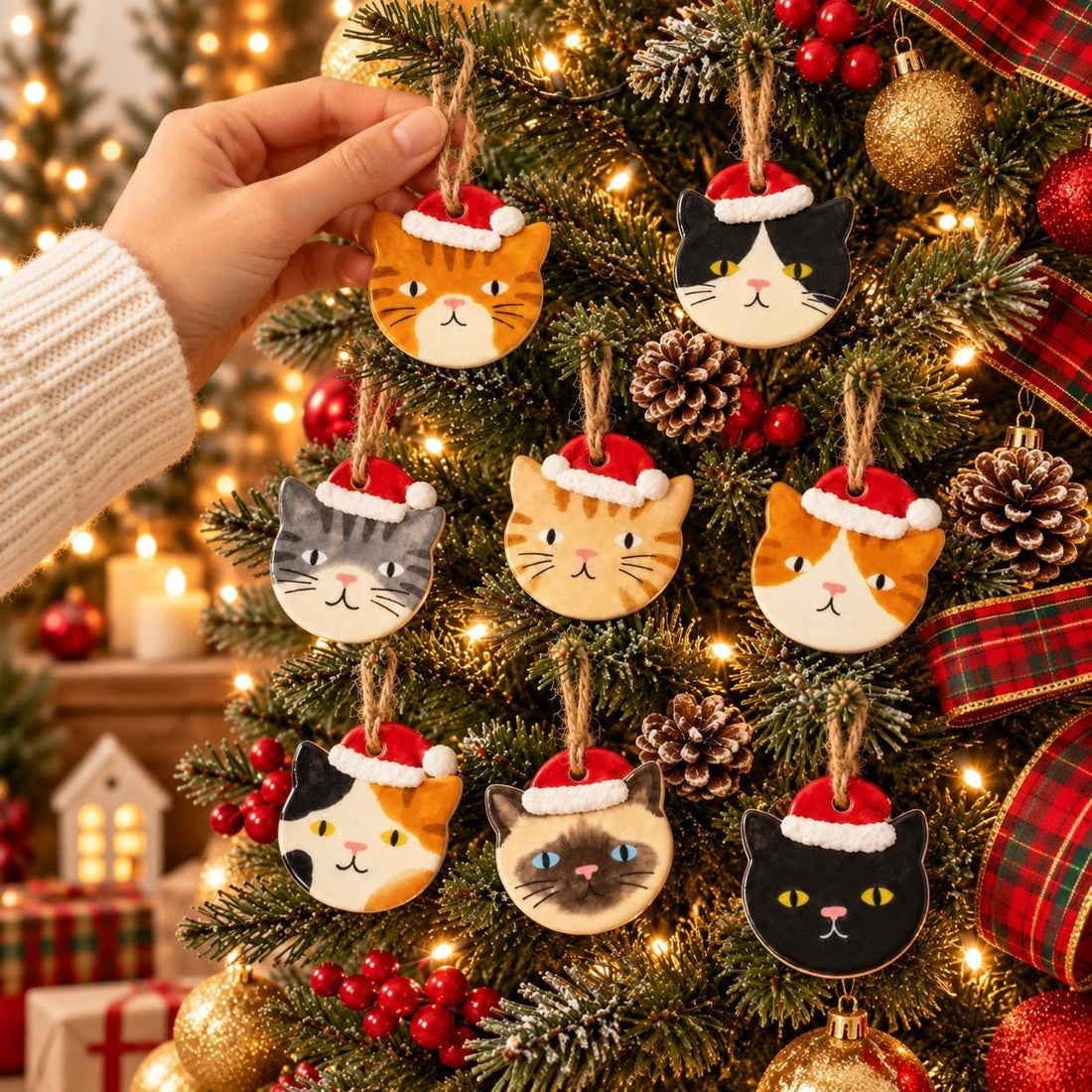 Personalized Cat Ornament, Hand-Painted to Match Your Cat, held in a hand among other cat ornaments on a tree