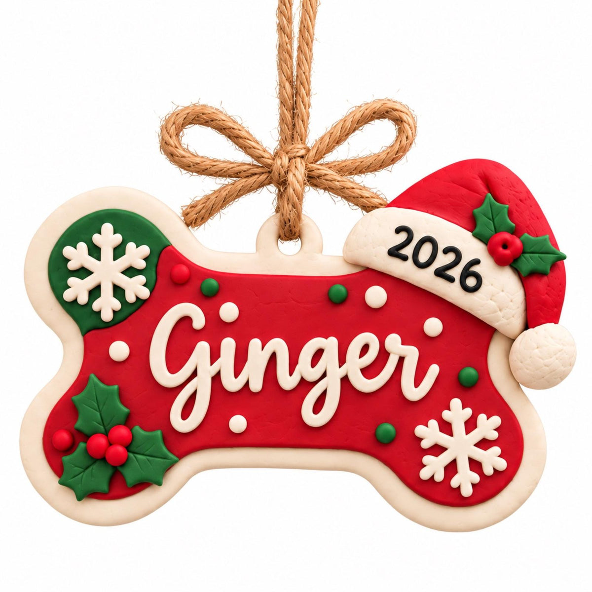 Personalized Dog Bone Ornament with Name and Santa Hat, red design with the name Ginger