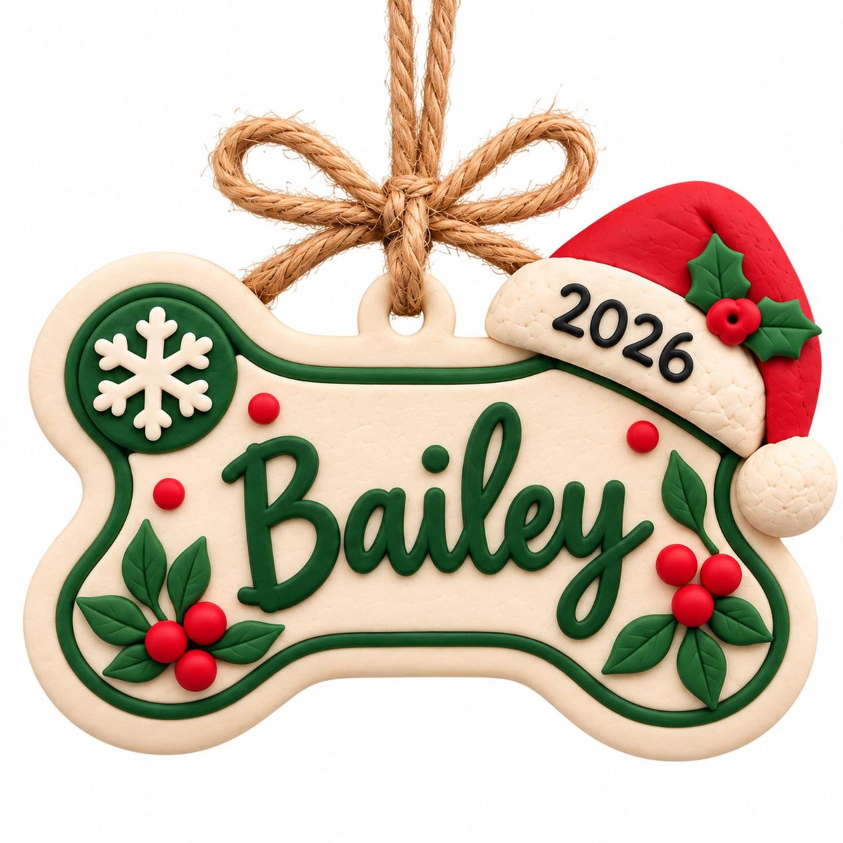 Personalized Dog Bone Ornament with Name and Santa Hat, cream and green design with the name Bailey