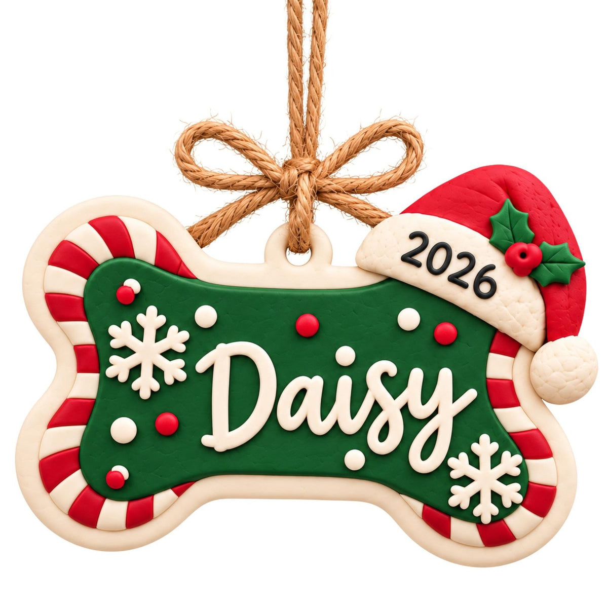 Personalized Dog Bone Ornament with Name and Santa Hat, candy-cane green design with the name Daisy