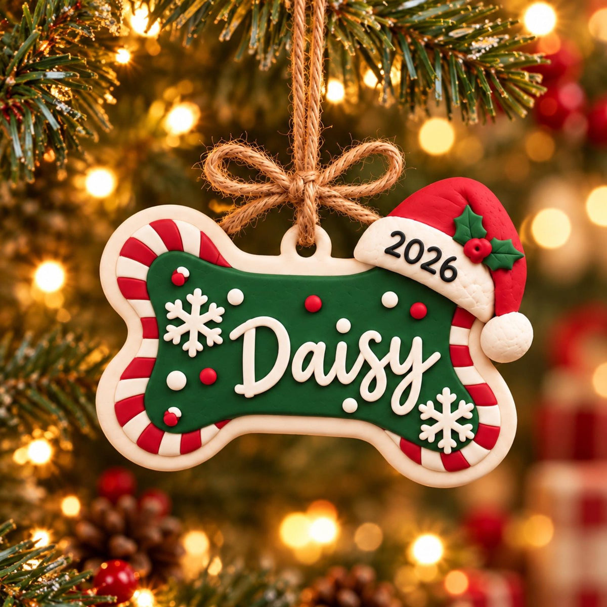 Personalized Dog Bone Ornament with Name and Santa Hat, close-up on a tree