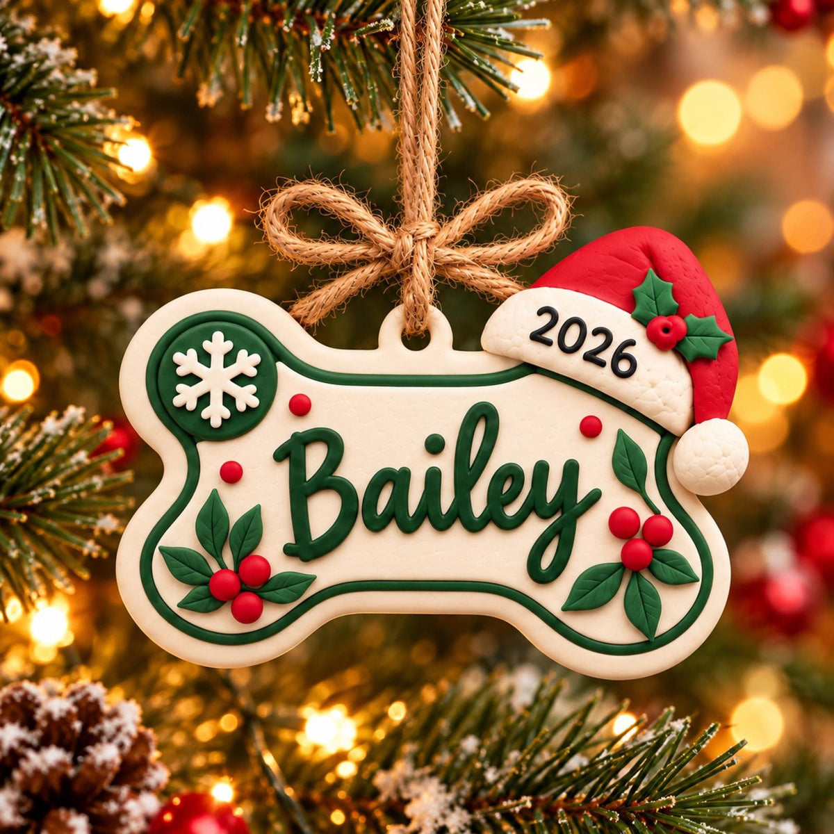 Personalized Dog Bone Ornament with Name and Santa Hat, cream and green design on a tree